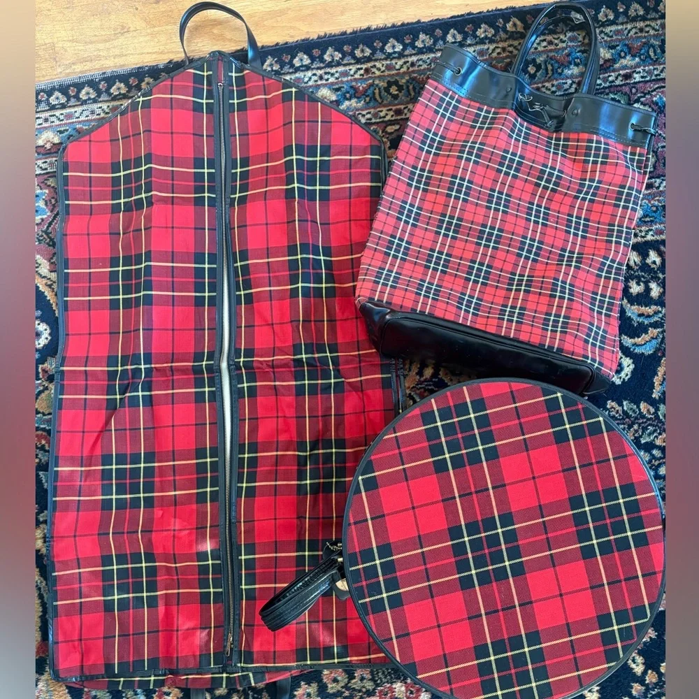 Vintage Luggage Tartan Red Plaid 3 Items. Hat Box/Zip Clothing Cover/Tall Tote